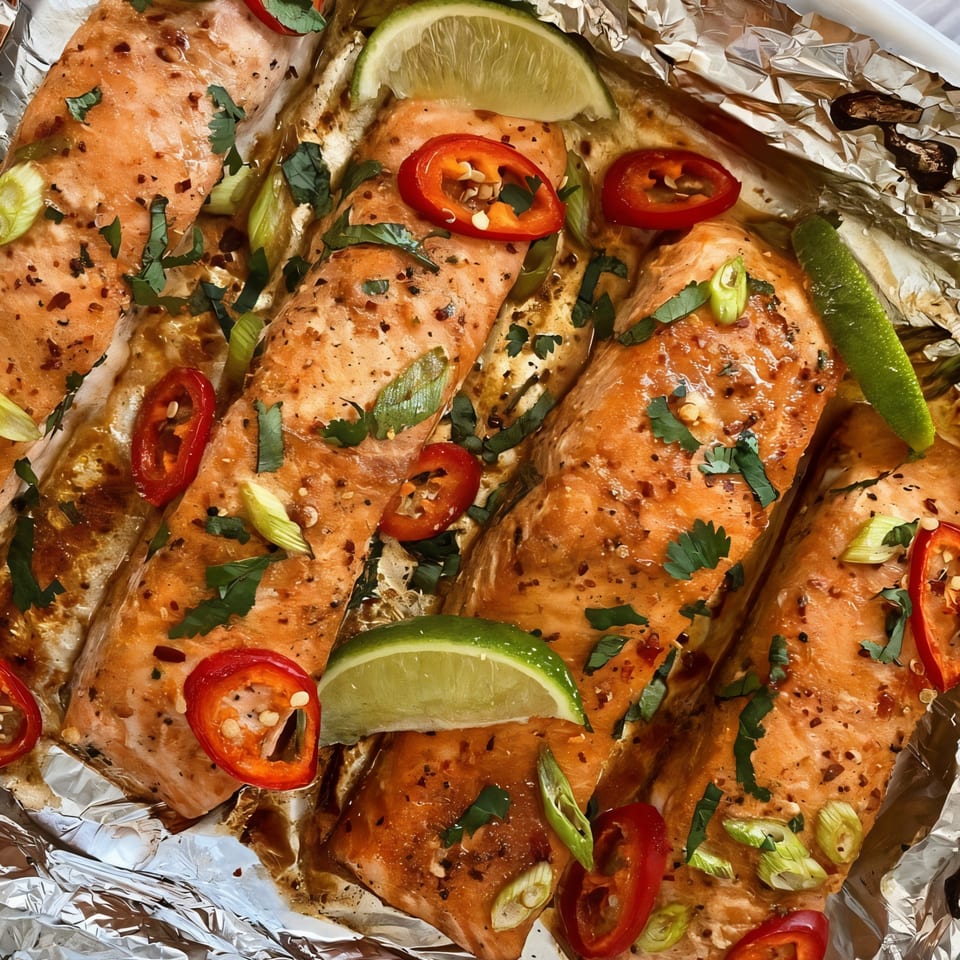 Jamaican jerk salmon fillets with lime, red peppers, and green onions in foil.