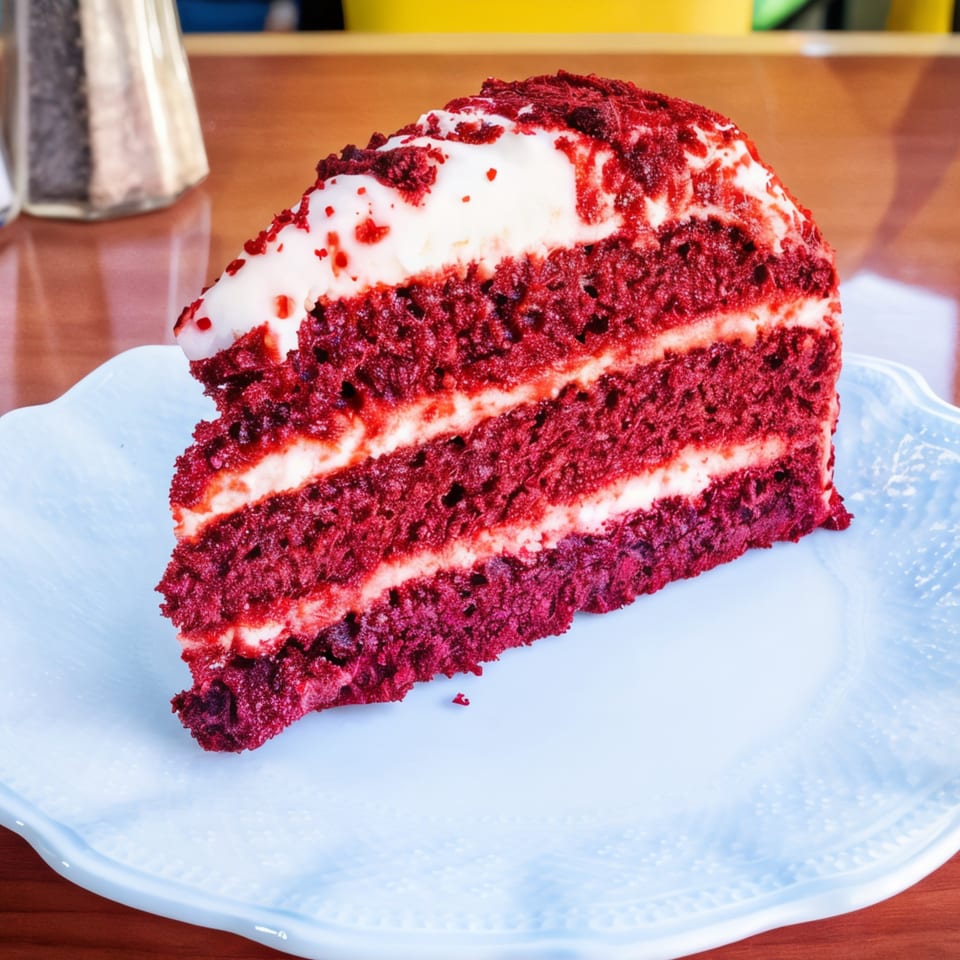 A slice of red velvet cake with white cream cheese frosting on a light blue plate.