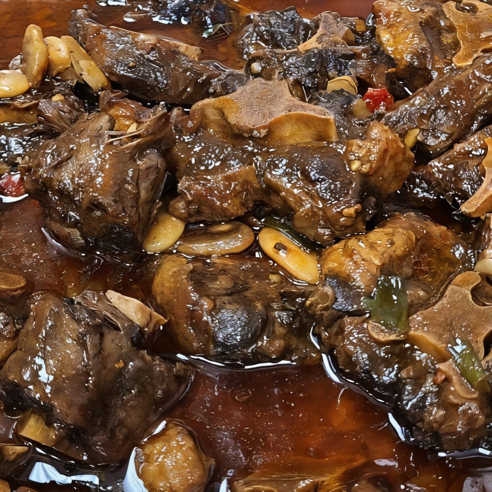 Close-up of Hellshire Cuisine's Jamaican oxtail stew, featuring tender meat, beans, and a rich brown sauce.