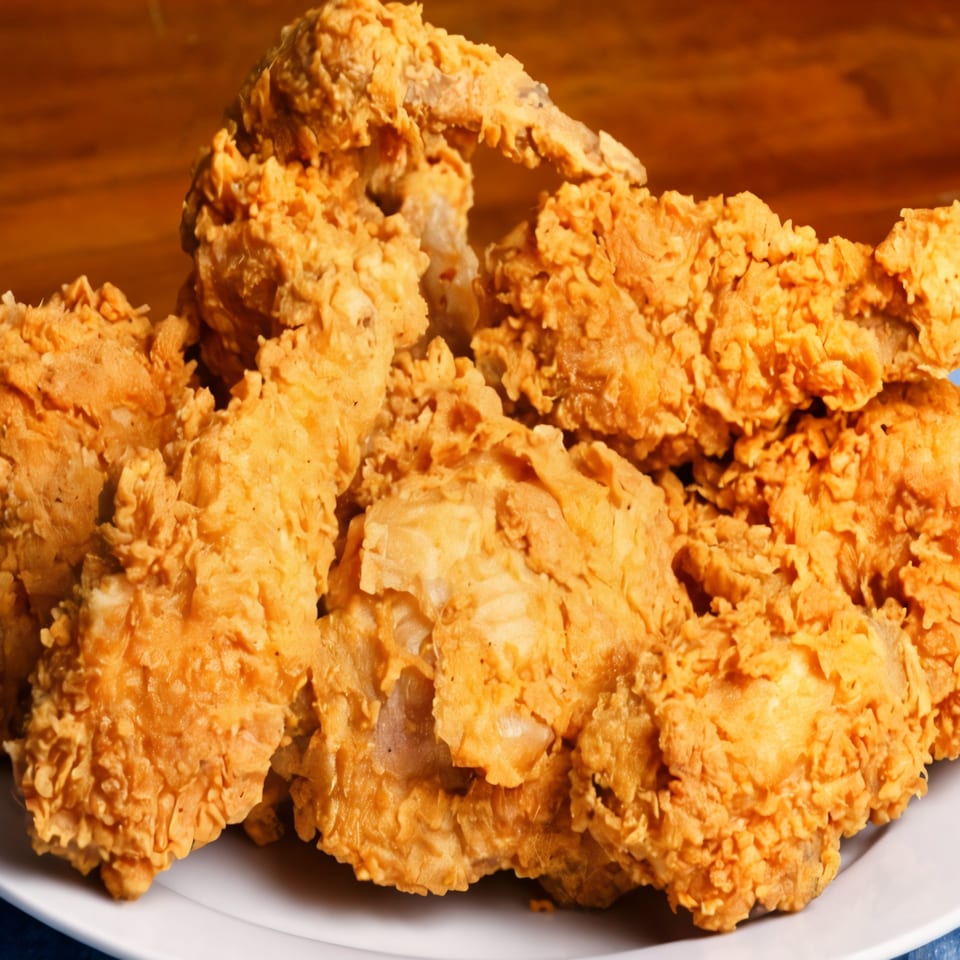 A close-up of Hellshire Cuisine's crispy, golden-brown fried chicken pieces on a white plate.