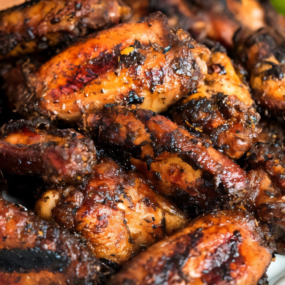Close-up of Hellshire Cuisine's Jamaican jerk chicken wings, glistening with sauce and spices.